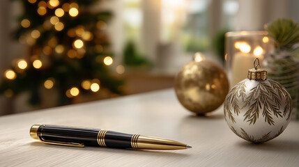 A pen on a scene, the festive scene illuminated by soft light. Pen, ornaments, with copy space