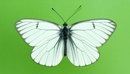Fototapeta premium Close-up of a white butterfly with black veins, showcasing intricate wing patterns against a vibrant green backdrop. The delicate insect is centered, highlighting the fine details of its anatomy