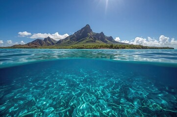 Naklejka premium Bird's-eye view of a tropical island featuring a famous mountain, vibrant blue waters, and a striking submerged waterfall.
