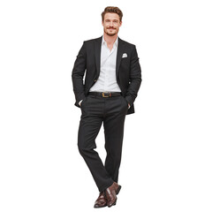 Confident businessman in sleek black suit full body portrait, standing with determination and success expression, isolated against clean white studio background for business themes