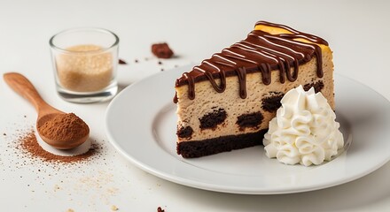 Delicious chocolate cheesecake slice with syrup and whipped cream delight