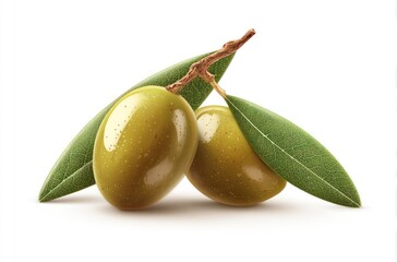 Two green olives on a twig with leaves, against a clean white background, showcasing a vibrant, natural texture