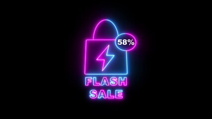 Neon Flash Sale Shopping Bag Icon With 58 Percent Discount On Black Background image photo