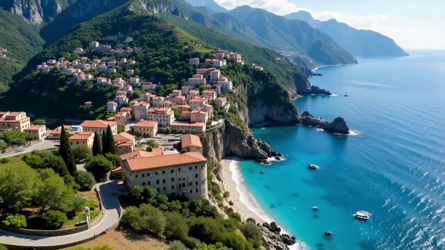 Aerial view of Amalfi Coast near Praiano with villages cliffs and Gulf waters
