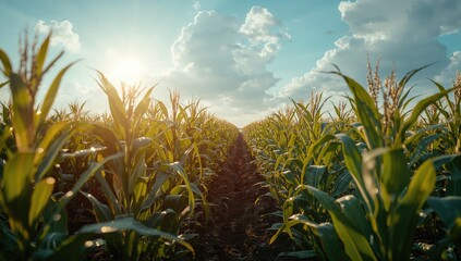 Fototapeta premium Corn seedlings growing in a sunny agricultural field