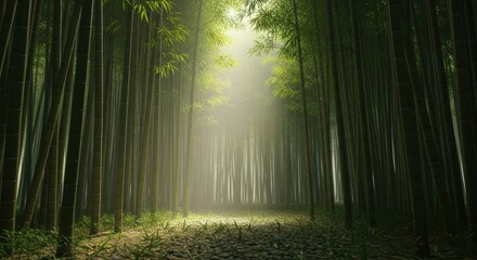 Obraz premium Sunlit Path Through a Dense Bamboo Forest - Serene Nature Scene.