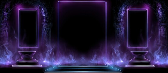 Neon portals and pedestals in a smoky, dark environment, evoking a mysterious and ethereal ambiance
