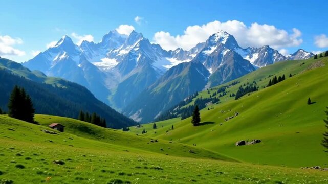 4K UHD drone shot of Beas Kund Trek in Himachal Pradesh India with snow capped Himalayan peaks above lush rolling meadows in a stunning summer landscape