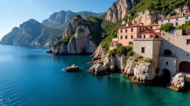 Panoramic aerial of Capri Island with cliffs turquoise waters and architecture