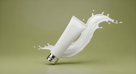 Cosmetic tube with milk splash representing skincare product.