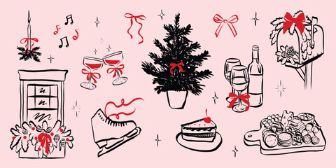 Fototapeta na wymiar Whimsical chalk doodles of Christmas party. Quirky icons of breakfast and dinner meals in crayon style. Crayon drawing for menus and invitations. Minimalistic charcoal vector illustration