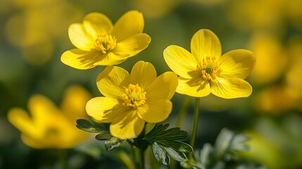 Obraz premium Vibrant yellow wildflowers bloom in soft focus, showcasing delicate petals and bright centers against a blurred green background of lush foliage.