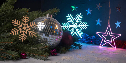 Large disco ball ornament in pine branches and snowflakes reflecting festive Christmas party scene against textured concrete wall in holiday arrangement