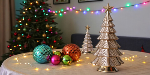 Christmas table setting with miniature trees, colorful ornaments and string lights on wooden surface for festive dinner or holiday celebration in warm seasonal atmosphere
