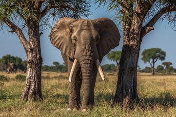 Fototapeta premium Loxodonta africana elephant positioned amidst forest trees
