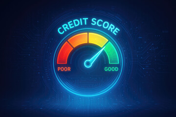 Credit score meter showing a good score with a needle pointing towards green gauge dial