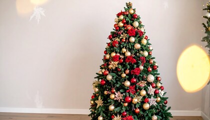 Ornate Christmas tree with red and gold decorations against a light beige wall
