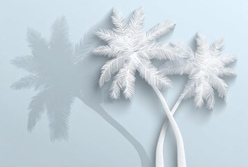 Two stylized white palm trees cast soft shadows against a pale blue background, creating a serene and minimalist composition