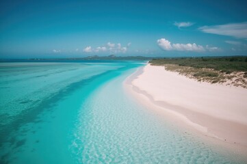 Overhead perspective of pristine coastal inlet with transparent waters, shoreline, sunny season, vacation, natural scenery, ocean, azure, backdrop