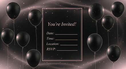 Elegant black balloon celebration invitation template with customizable details, perfect for making any event feel luxurious and special.