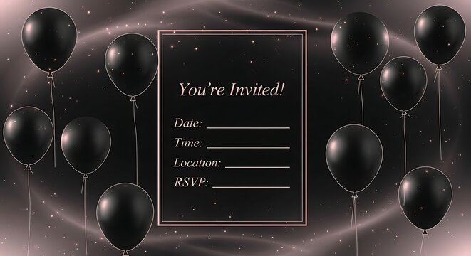 Elegant black balloon celebration invitation template with customizable details, perfect for making any event feel luxurious and special.