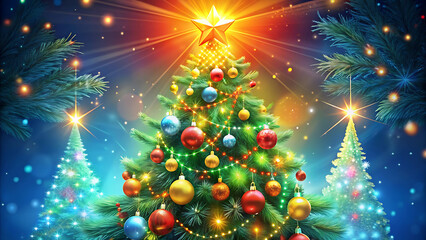 Bright christmas tree illustration decorated with ornaments glowing festive holiday background seasonal greeting card winter celebration design  