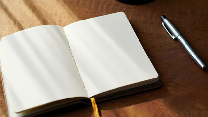 Open notebook with blank pages and a pen on a wooden desk, creating a serene and inviting workspace for writing and inspiration