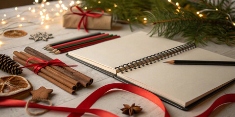 Open notebook with blank pages surrounded by cinnamon sticks, dried orange slices, pine cones and red ribbon forming festive arrangement for seasonal stationery or holiday planning themes.