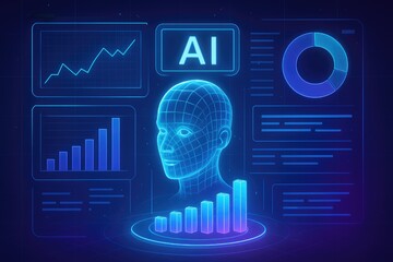 Futuristic AI interface with holographic human head and data visualizations artificial intelligence