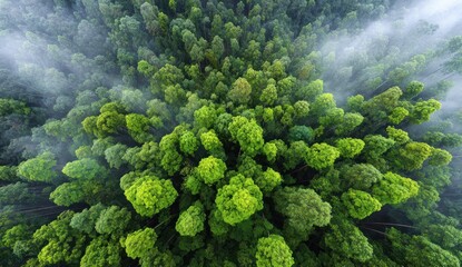 High-angle view of vibrant green trees, their crowns dense, partially shrouded in ethereal mist, creating a soothing, natural composition
