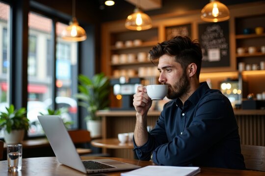 Businessperson multitasking with laptop and coffee at a hip coffee shop