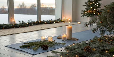 Grey yoga mat on floor with burning candles and Christmas decorations creating cozy setting for yoga practice during winter holiday season