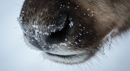 A closeup of a reindeers snout covered in snow The fur is brown and gray with visible individual hairs