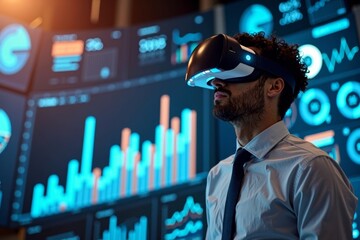 Businessman in Virtual Reality: Navigating a Digital World of Interactive Graphs and Data Visualizations, Representing the Future of Business Analytics