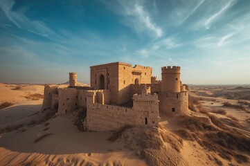Bird's-eye view of ancient fortress remains in a desert setting showcasing historic structures
