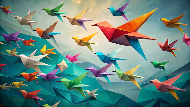 Colorful origami paper birds flying upward symbolic concept of freedom creativity growth and peace abstract geometric design artistic illustration  