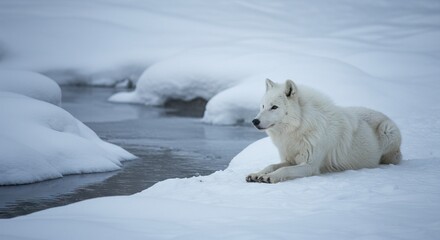 Naklejka premium A white wolf lies on snowy ground next to a stream gazing to the left