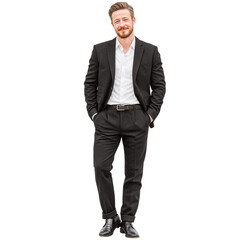 Full body portrait of a confident young businessman in a modern tailored black suit standing on white background for corporate branding and professional stock photography use