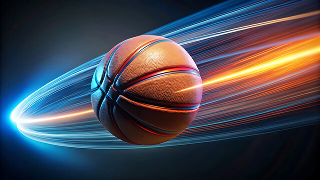 Conceptual image of basketball bouncing with creative glowing particles futuristic sports concept digital design dynamic motion illustration artwork  