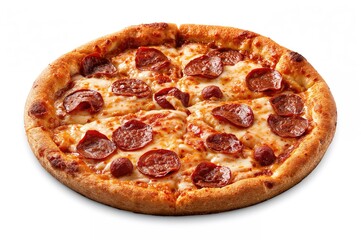 Sharp slice of pepperoni pizza with mozzarella and spicy sausage on a white backdrop