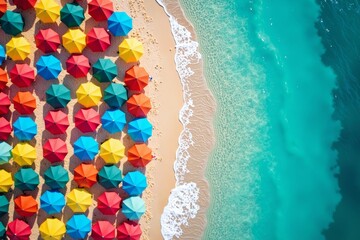 Obraz premium A Stunning View of a Vibrant Umbrella Grove from Above at a Sunny Seashore.
