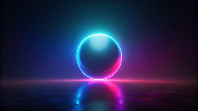 Abstract dark ball in the space illuminated by blurred neon radiance - blue, pink, and red hues blending softly. Elegant glow effect with empty center, perfect for futuristic or minimal design.