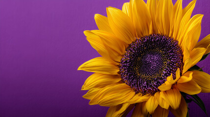 Bright sunflower embodying summer warmth on a violet backdrop, perfect for themes of nutritious seeds and floral nature in marketing or greeting cards -