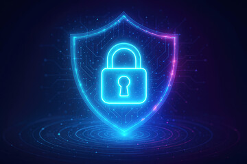 Glowing Blue and Pink Shield with Padlock Icon Representing Digital Security and Cyber Protection data