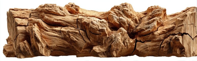 Textured weathered block formation, rough, angular, brown, and etched with black lines on a clean white backdrop