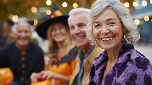 A group of senior men and women in classic monster costumes laughing as they bob for apples at a Halloween festival autumn leaves scattered lanterns glowing senior Halloween