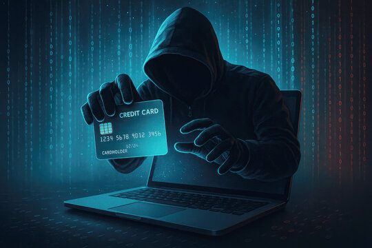 Hacker in hoodie emerging from laptop holding a credit card computer