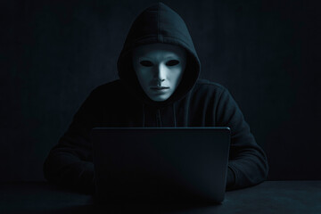 Hacker wearing a white mask and hood using a laptop in a dark room hoodie