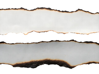 Two torn paper edges with burnt effect isolated on transparent background