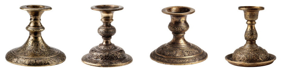 Set of Four Antique Ornate Candlesticks with Intricate Etching, Golden Hue, Isolated on Black PNG set Transparent backround